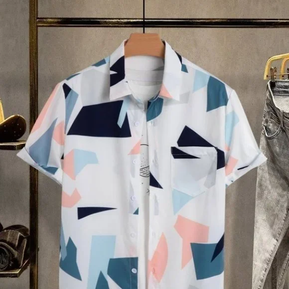 White Casual Men's Geometric Print Shirt - Picture 1 of 6